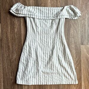 Lulus Seaside Skipper Sage Green Striped Off-the-Shoulder Mini Dress